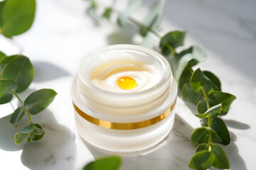 Luxurious face cream jar with gold accents, surrounded by eucalyptus leaves on marble