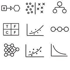 Black and White Outline Vector Icons of Machine Learning Diagrams – Minimal Line Art for AI and Data Science Concepts