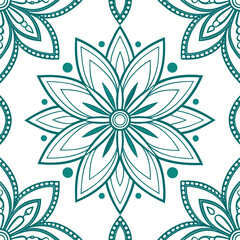 Teal and white mandala design in a circular pattern