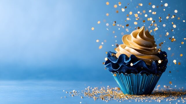 Blue gold cupcake, confetti, celebration, studio, dessert
