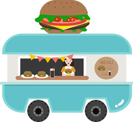 푸드트럭에서 햄버거를 파는 직원 알바생