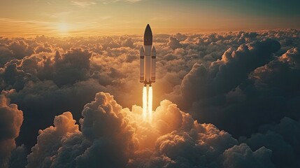 Space rocket flying toward clouds, representing a successful company concept with growth and success, created with generative AI, symbolizing ambition, innovation, and achievement.