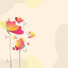 Abstract floral background with pink red yellow flowers, butterflies, and heart-shaped leaf for a beautiful spring or summer design with Blank Cpoy space for text.