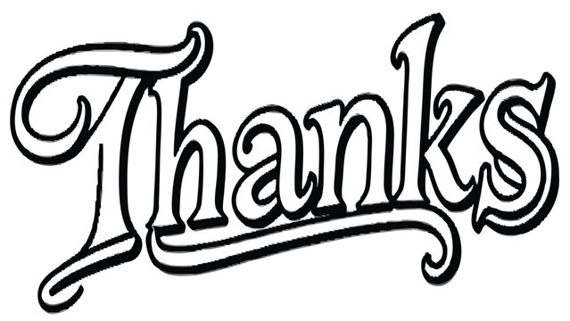 Illustration of the word thanks in a cursive style with a black outline on a white background