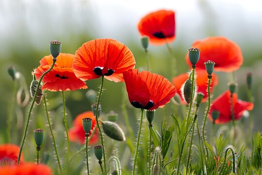 A field of red poppies with green seed pods and stems under a bright and slightly overcast sky outdoors