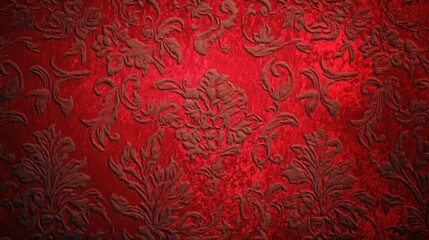 Deep crimson fabric with ornate, raised floral pattern, subtle light, shadowed texture