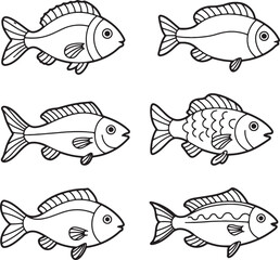 Naklejka premium Six Adorable Cartoon Fish Illustrations Perfect for Coloring Pages, Kids' Activities, and Creative Projects