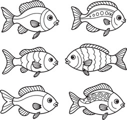 Adorable Collection of Six Line Art Fish Illustrations Perfect for Coloring Pages, Kids' Activities, and Creative Projects