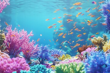 Fototapeta na wymiar Vibrant coral reef ecosystem teeming with colorful fish swimming in clear blue ocean water scene underwater