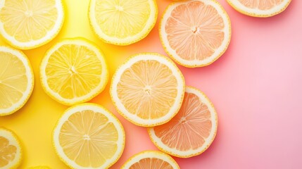Obraz premium Top view of lemon and grapefruit slices on a yellow and pink background creating a vibrant scene