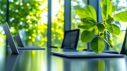 Green office laptops meeting sunlight nature
