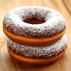 Delicious donuts topped with powdered sugar stacked on wooden surface delight