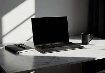 Fototapeta premium Scandinavian Workspace: Laptop, Coffee Cup & Notebook on White Desk – Natural Light, Muted Tones, High Resolution