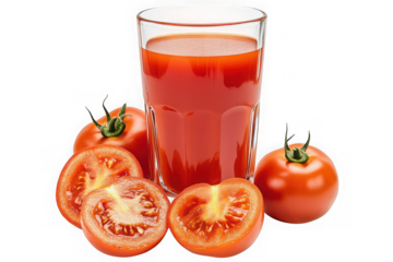 Fresh tomato juice in glass with sliced tomatoes, healthy drink, red vegetable, vitamin rich, natural food, isolated on transparent background