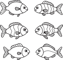 Adorable Cartoon Fish Illustrations Six Cute Line Drawings Perfect for Kids' Projects, Coloring Pages, and More