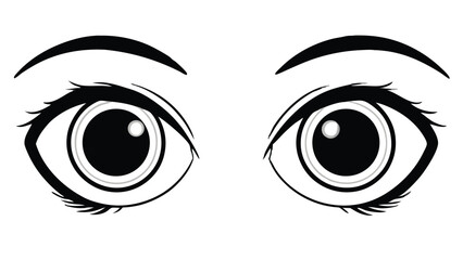 Illustration of a pair of stylized eyes with thick eyelashes and curved eyebrows in black and white