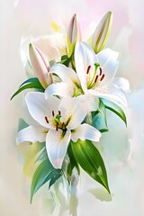 Elegant white lilies bouquet soft watercolor style