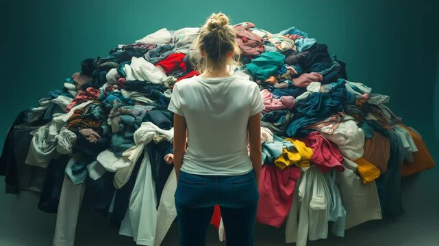 Back view of a woman standing in front of a large pile of clothes, looking indecisive about what to wear	