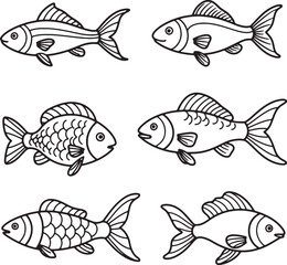 Fototapeta premium Six Different Types of Fish Line Art Illustrations Perfect for Coloring Pages, Educational Materials, and Creative Projects