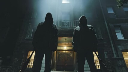 Two silhouetted gang members with hoods and baseball bats are positioned at the entrance of an old American building. The dark setting creates a menacing vibe