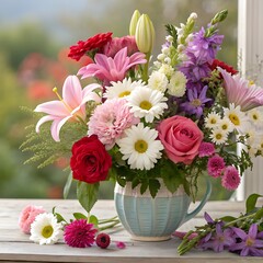 “A pastel flower arrangement in a jug with roses, lilies, daisies, and mums on a wooden table.”

