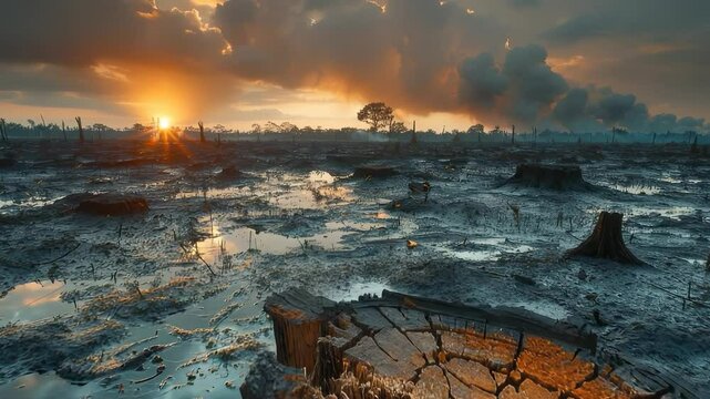 Barren land shows the aftermath of deforestation with tree stumps scattered across the terrain, while a stunning sunset casts an orange glow over the desolate landscape