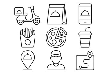 Food delivery icons set: scooter, packaging, smartphone, food, map, person