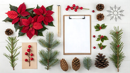 Festive Holiday Flat Lay with Poinsettia, Pinecones, and a Clipboard Mockup for Christmas Designs