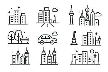 Obraz premium Minimalistic cityscapes with iconic buildings, cars, and trees
