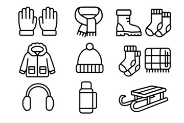 Winter essentials: gloves, scarf, boots, socks, jacket, hat, blanket, thermos, sled