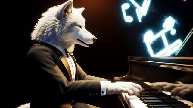 Animated Wolf Pianist in Tuxedo Performing with Musical Notes Visuals