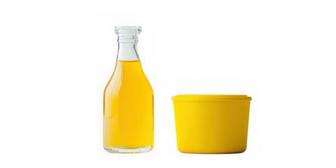Yellow bottle and container still life on transparent background