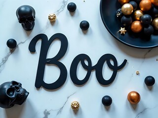 Elegant Halloween Decor with Black Skulls Gold Accents Boo Sign Marble