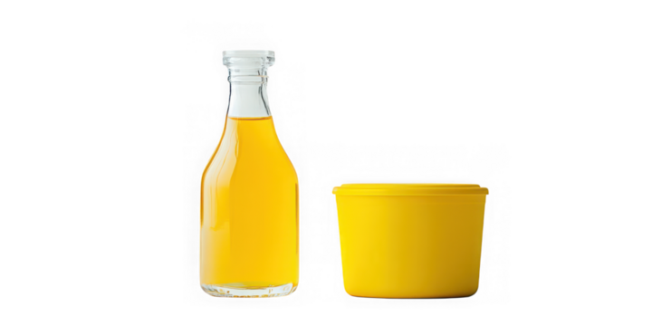 Yellow bottle and container still life on transparent background - Powered by Adobe