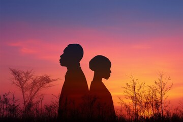 Silhouette of a man and woman standing back to back against a vibrant sunset sky landscape view
