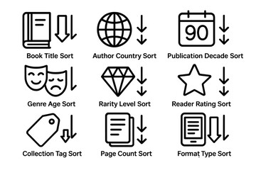 Library catalog sorting icons: book, author, publication, genre, rarity, reader, collection, page, format