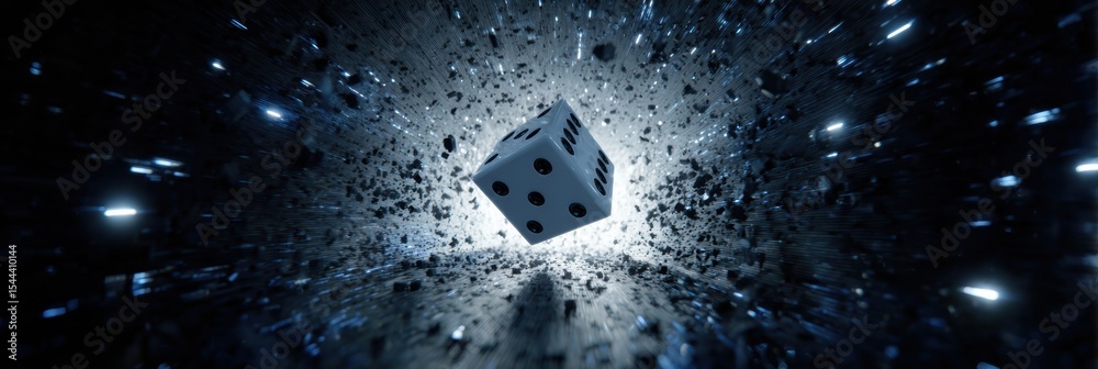 Aufkleber Rolling Dice Through a Digital Tunnel Filled With Glowing Sparks and Intense Light Effects in a Vibrant Cyberspace Setting