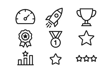 Achievement icons: trophy, medal, star, rocket, and performance symbols
