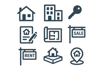 Real estate icons: house, apartment, key, sale, rent, blueprint