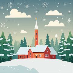 Fototapeta premium christmas serene winter landscape scenery with snowflake and red building
