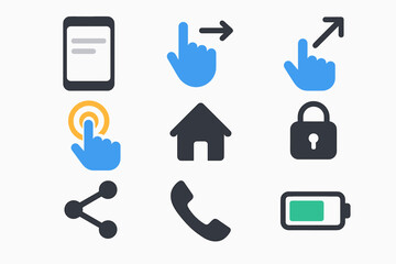 Set of digital interface icons including smartphone, gestures, home, lock, and battery