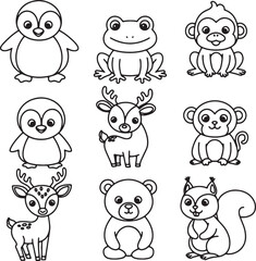 Adorable Cartoon Animals Penguin, Frog, Monkey, Deer, Bear, Squirrel Illustrations - Coloring Pages