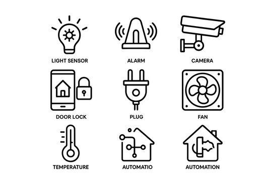 Smart home technology icons: light sensor, alarm, camera, door lock, plug, fan