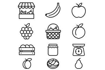 Black and white fruit icons featuring storefront, basket, and scale