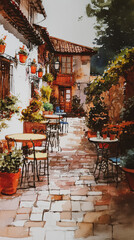 Fototapeta premium Cozy european Spain cafe outdoor, watercolor 