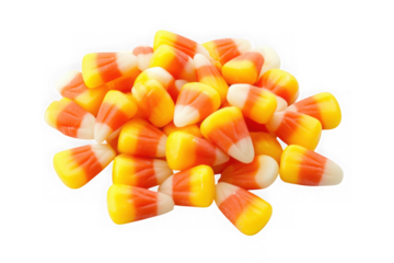 Pile of halloween candy corn sweets, traditional autumn treat, orange yellow white, isolated food photography, isolated on transparent background