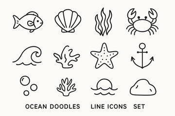 Ocean doodles set: fish, shell, seaweed, crab, anchor, more