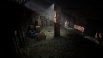 光が差し込む夜の薄暗い工場内