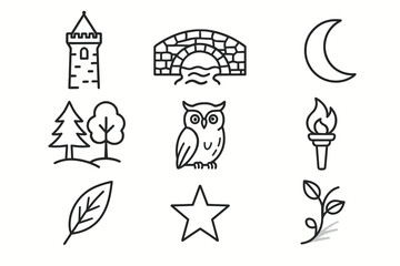 Fototapeta premium Minimalist line art of nature, owl, bridge, moon, and torch