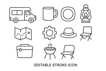 Outdoor camping essentials: camper, mug, lantern, map, gear, hat, chair, grill
